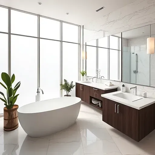 Modern remodeled bathroom in Spring TX features freestanding tub, double vanity, marble shower, and ambient lighting.