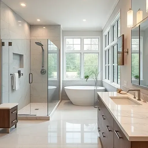 Remodeled Sugar Land bathroom with walk-in glass shower, freestanding tub, marble counters, modern fixtures, and natural light
