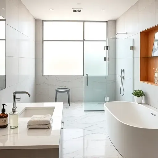 Renovated modern bathroom in Tomball TX with walk-in shower, soaking tub, marble countertops, and natural light