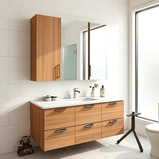 Finished bathroom cabinet in Spring TX with polished wood, white tiles, marble countertops, and natural light reflection