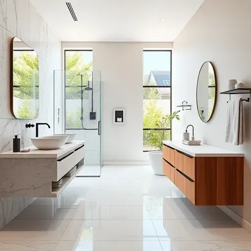 Renovated Oak Ridge North TX bathroom with modern fixtures, marble tiles, vessel sink, warm wood cabinetry, and lush green view