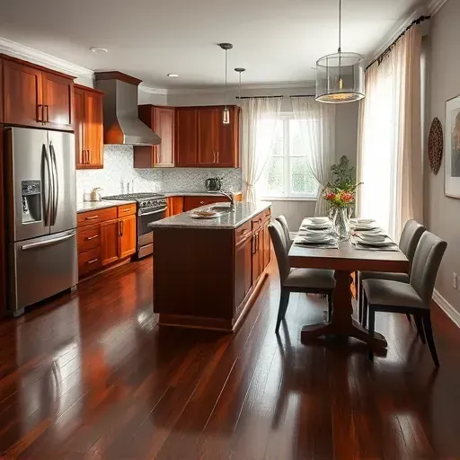 Modern kitchen in Pearland TX featuring stainless steel appliances, granite countertops, walnut cabinetry, and natural light.
