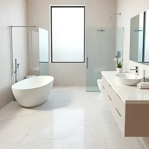 Remodeled West Houston bathroom with marble flooring chrome fixtures freestanding tub glass shower quartz vanity soft lighting