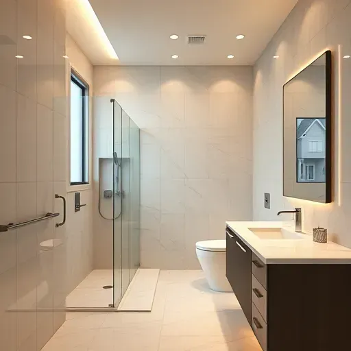 Modern upgraded bathroom in Spring TX with sleek lighting, frameless glass shower, marble countertops, and neutral-toned tiles