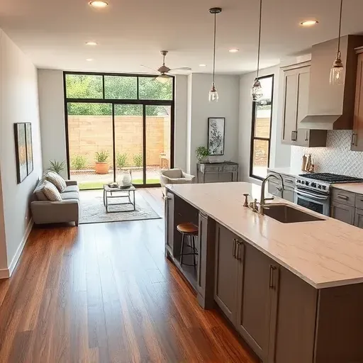 Modern kitchen remodel in Tomball Parkway TX with quartz countertops, custom cabinetry, and spacious living area.