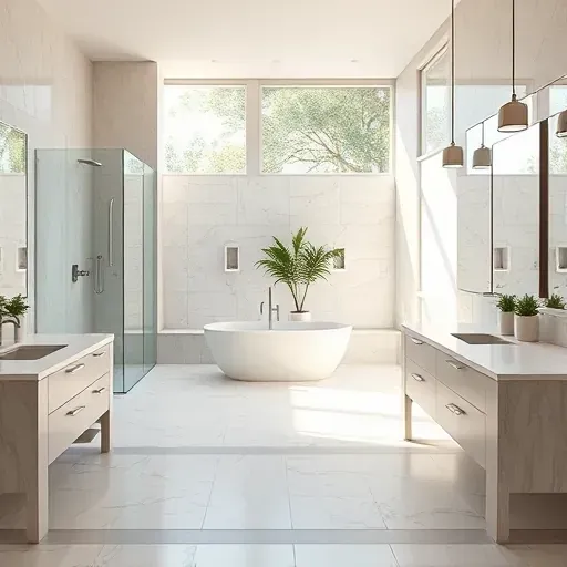 Remodeled Montgomery TX bathroom with modern fixtures, walk-in glass shower, marble countertops, freestanding tub, stylish tile