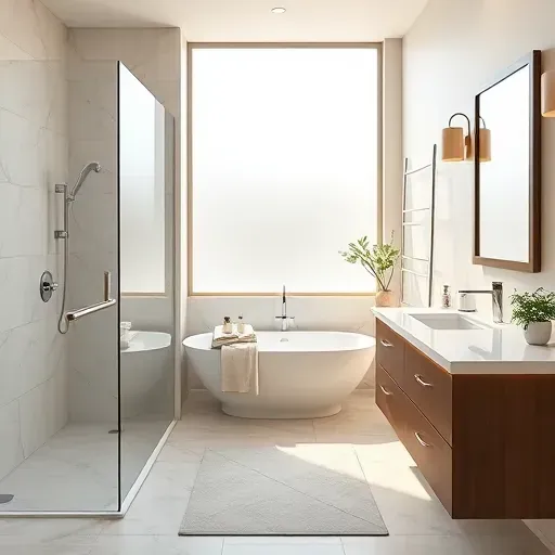 Renovated Pinehurst TX bathroom with walk-in shower, freestanding tub, marble tiles, modern fixtures, neutral tones, natural light