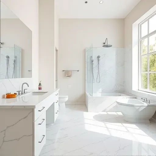 Renovated Spring TX bathroom with new fixtures, marble countertops, tiled floors, chrome details and natural light.