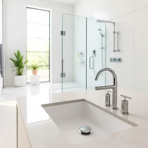 Modern bathroom in Spring TX with polished chrome fixtures, white tiles, granite countertop, glass shower, and sleek plumbing.