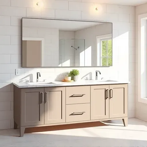 Perfectly installed modern double vanity in Spring TX with matte cabinetry granite counters and polished chrome fixtures
