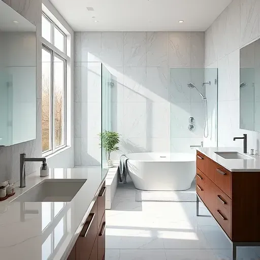 Renovated modern bathroom in Montgomery TX with marble countertops, glass shower, soaking tub, greenery, and stylish decor