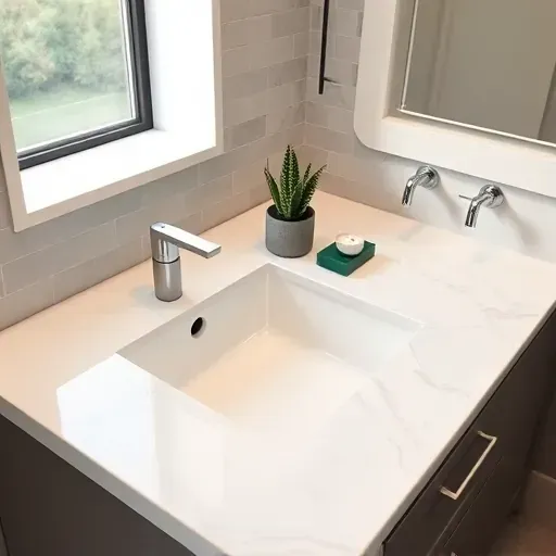 Freshly replaced modern bathroom countertop in Spring TX with polished white and gray marble, featuring sleek accessories and elegant fixtures