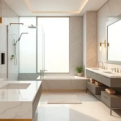 Modern renovated bathroom in Westheimer Corridor TX with marble countertops glass shower tub natural light neutral tones and elegant decor