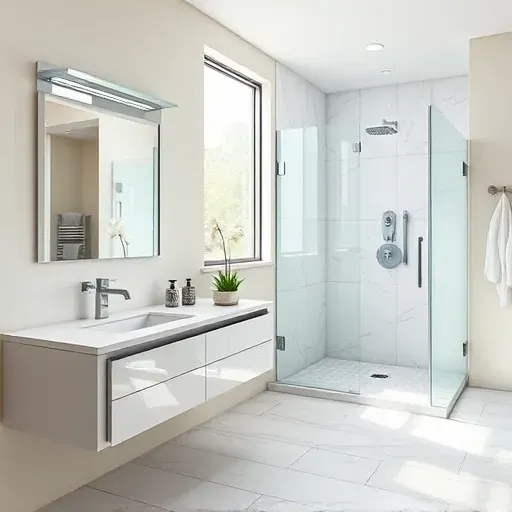 Remodeled Cypress TX bathroom with modern fixtures, glass shower, marble tiles, floating vanity, LED lighting, neutral tones