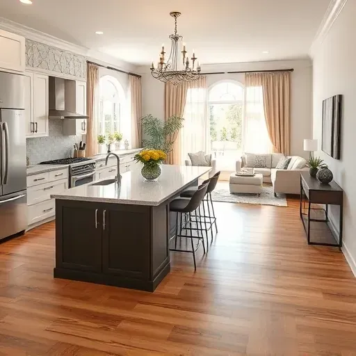 Modern kitchen in Klein TX with sleek cabinetry, stainless appliances, and granite countertops, flowing to a dining area.