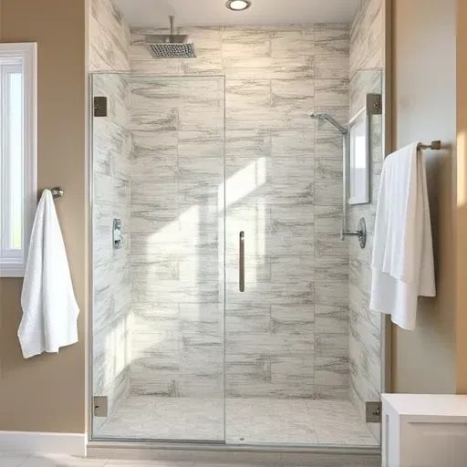 Finished modern tile shower with glass doors, chrome fixtures, neutral walls, plush towels, and natural light in Spring TX