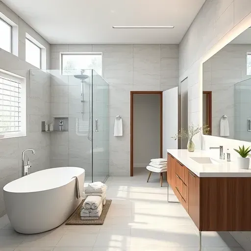 Recently renovated modern bathroom in Humble TX with walk-in glass shower soaking tub and contemporary vanity