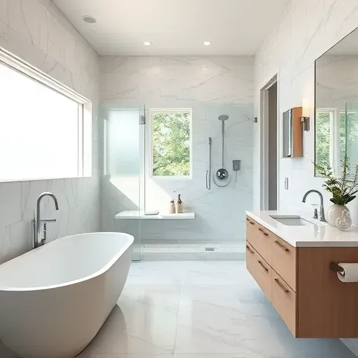 Remodeled bathroom in Spring TX with modern fixtures, walk-in shower, freestanding tub, and elegant marble countertops.