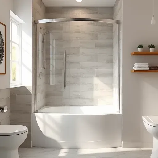 Spring TX bathroom remodel with modern glass shower, polished fixtures, beige and grey tiles, natural sunlight