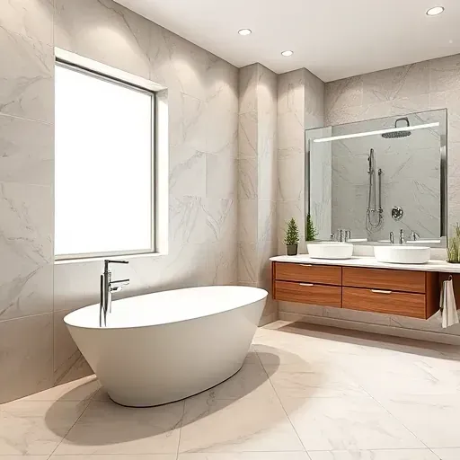 Renovated Hedwig Village TX bathroom with a soaking tub, marble tiles, floating vanity, walk-in shower, and natural light