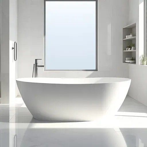 Modern bathroom with a white bathtub, marble flooring, chrome fixtures, frosted window, and stylish neutral decor.