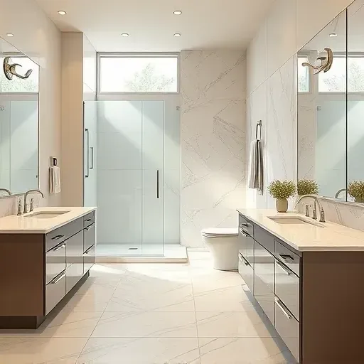 Freshly remodeled bathroom in Bellaire TX featuring modern fixtures, spacious walk-in shower, and elegant marble countertops.