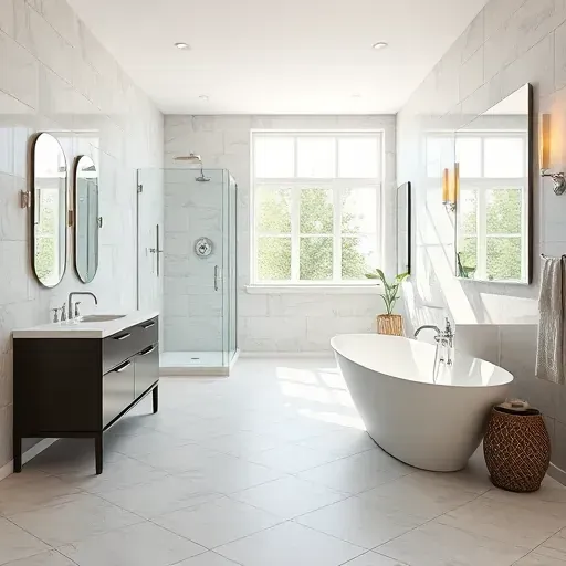 Renovated bathroom in Spring TX with modern chrome fixtures, walk-in shower, freestanding tub, and sleek vanity in neutral tones.