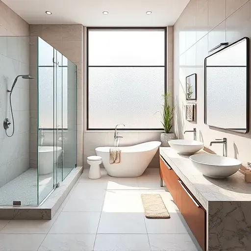 Modern renovated bathroom in Westheimer Corridor TX with frameless glass shower, soaking tub, double vanity, and natural lighting