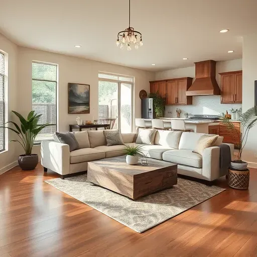 Elegant living room in Spring Branch TX with modern-traditional decor, hardwood flooring, natural light, and indoor plants.