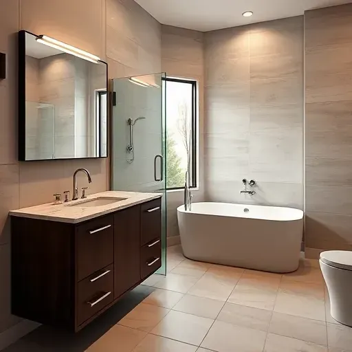 Recently renovated Tomball TX bathroom with frameless glass shower, freestanding bathtub, dark wood vanity, marble countertop, large mirror, lush greenery view