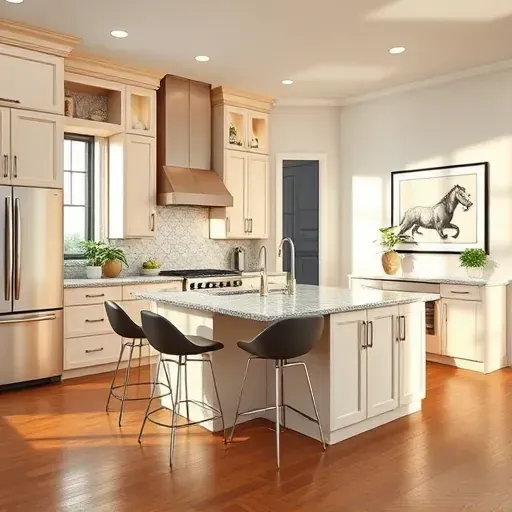 Modern kitchen remodel in Aldine TX featuring high-end appliances, elegant cabinetry, and polished granite island.