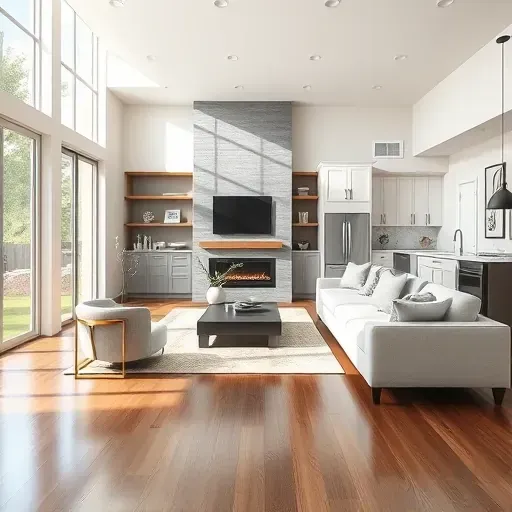 Home remodeling in Towne Lake TX, modern living room with polished hardwood, sleek fireplace, and elegant decor.