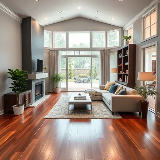 Elegant living room in Bridgeland TX showcasing high ceilings, hardwood floors, modern fireplace, and lush decor.