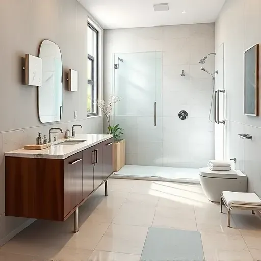 Remodeled Jersey Village TX bathroom with marble vanity, walk-in shower, chrome fixtures, neutral tiles, and elegant decor