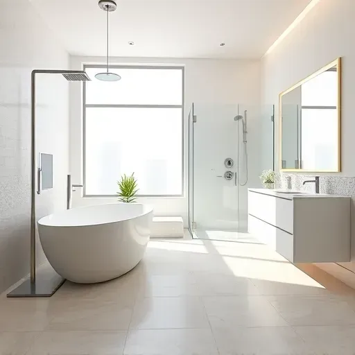 Remodeled Bellaire TX bathroom with modern fixtures, freestanding tub, walk-in shower, large mirror, and elegant tiles