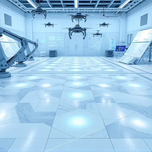 A futuristic workshop scene showcasing advanced tile flooring installation techniques. The expansive, pristine floor features luminous geometric tiles in icy blue, silver, and soft white, arranged in intricate, shimmering patterns with holographic effects. Hovering mechanical arms with angular designs meticulously place tiles using glowing laser guides. Small floating robotic drones with blinking eyes assist with measurements, while animated hologram icons display subfloor stability and design options. In the background, translucent shimmering materials and floating digital blueprints highlight a high-tech, innovative workspace combining craftsmanship and technology. The scene is styled in bold, sharp Futurism, emphasizing sleek lines, dynamic movement, and vibrant contrasts, with cool color tones evoking cleanliness and precision, capturing the future of flooring artistry.