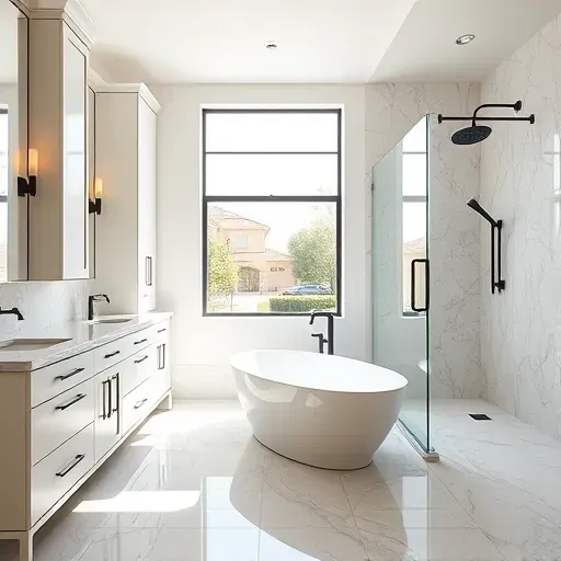 Completed bathroom remodel in Spring TX with modern design, freestanding tub, elegant cabinetry, and frameless shower.