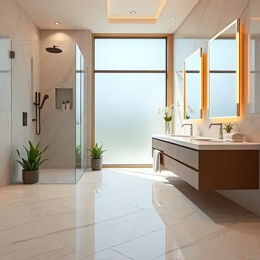 Renovated modern bathroom in Spring Texas with walk-in shower, marble tiles, stylish vanity, warm lighting, and natural light.