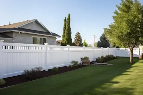Clean white vinyl privacy fence enclosing a well-maintained residential backyard