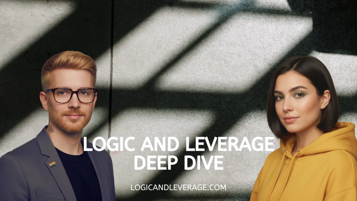 Two podcast hosts, one AI-inspired and one human, animatedly discussing business strategies in a modern studio with warm lighting and neutral tones. The background features podcast equipment and a wall of business books, conveying energy and credibility.