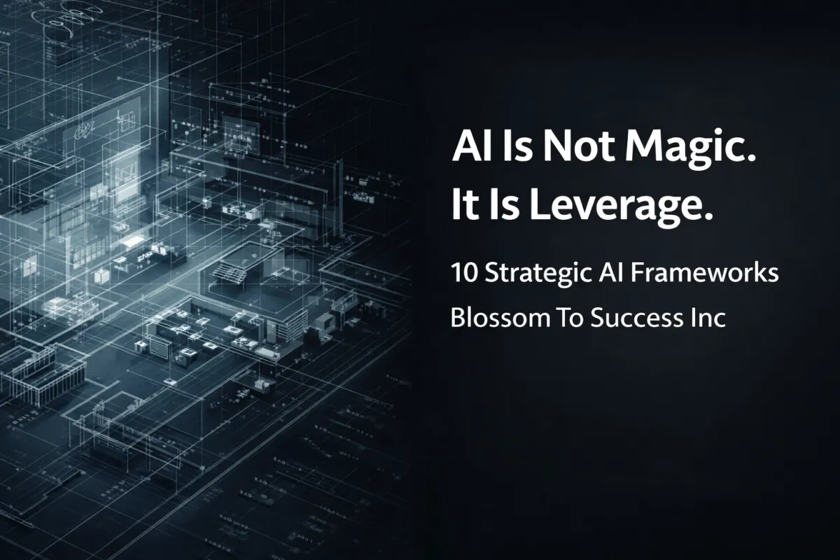Dark blue digital business blueprint with overlay text reading “AI Is Not Magic. It Is Leverage.” promoting a guide of 10 Strategic AI Frameworks for small business owners.