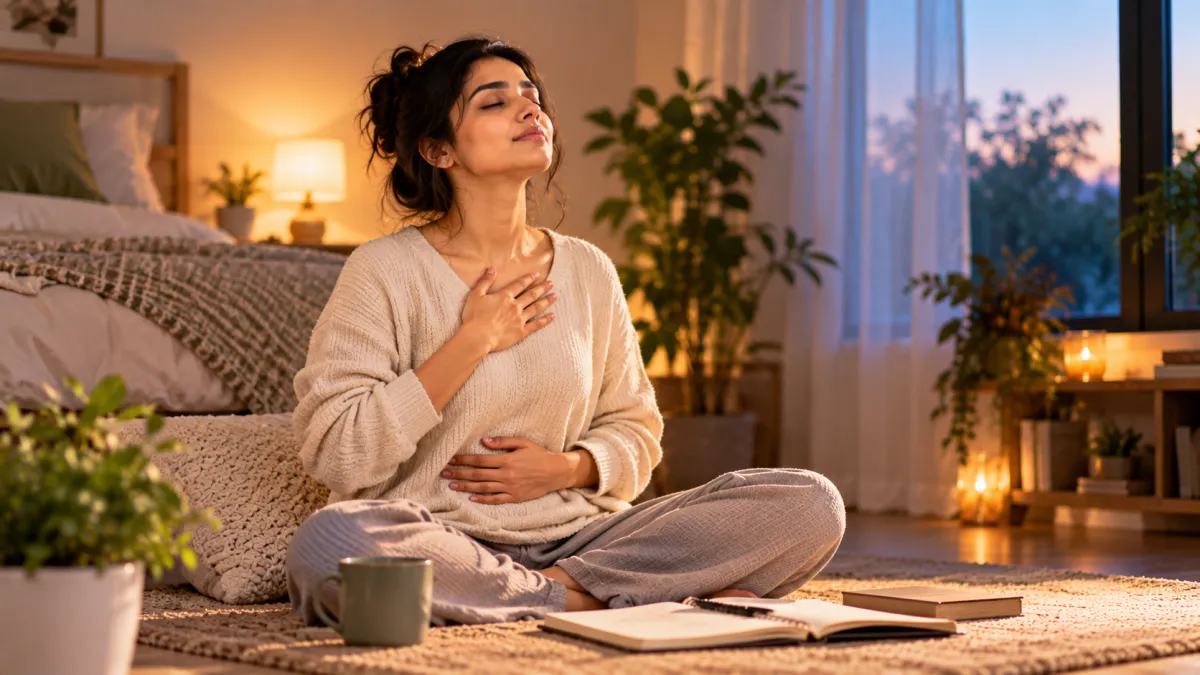Journaling and mindful daily practice setting in a serene sunlit room