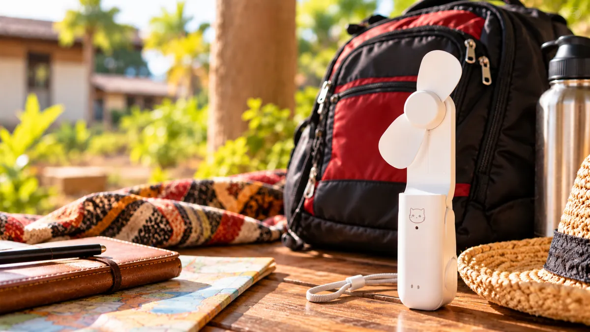 Rechargeable handheld fan with travel gear for missionary life
