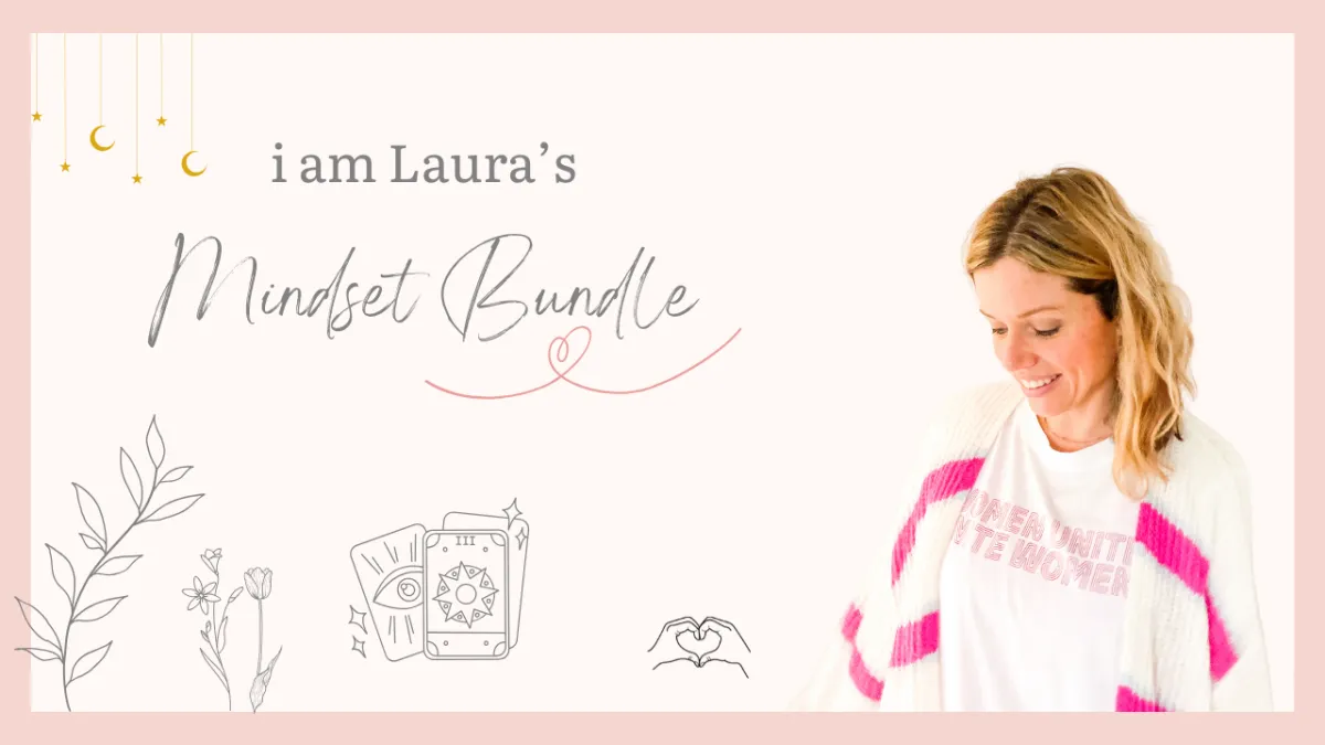 Mindset bundle course card. i am Laura, mindset , marketing and business coach for women and mums with chronic illness. Image of Laura looking downwards with a smile in a pink and white cardigan. Black and white images of tarot cards, and hands making a heart shape.