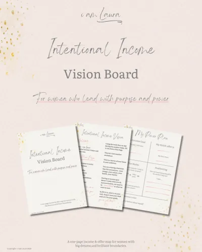 i am Laura Intentional Income Vision Board Landing Page image. Says, "for women who lead with purpose and power" 3 pages of the booklet shown, gold sprinkles on the top right and bottom left of image as decoration. Coaching, support and marketing for mums with chronic illness