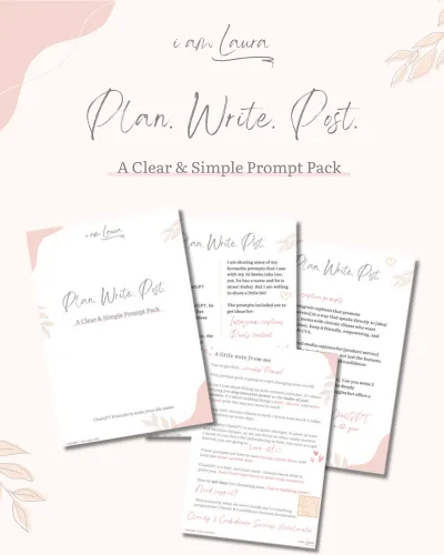 i am Laura plan.write.post chatgt prompts pack. Images of the pages of the pack, pale pink in colour with leaves and coloured blobs, main colours pink. Chronic illness mums business support.