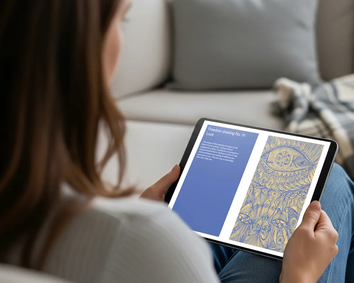 Woman reading the chapter “Look” spread of the Freedom Drawings e-book on an iPad