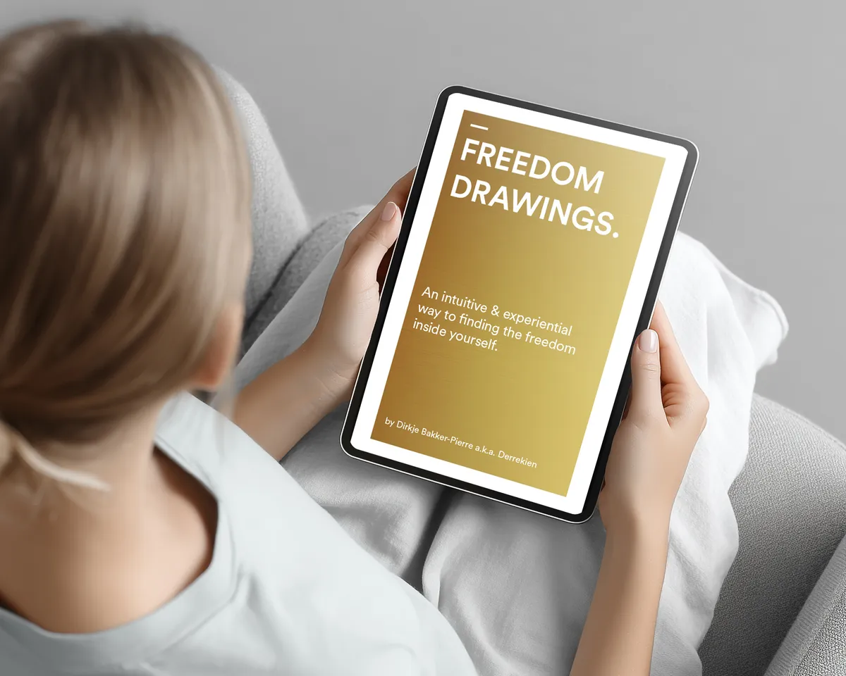 Woman holding an iPad showing the cover of the Freedom Drawings e-book
