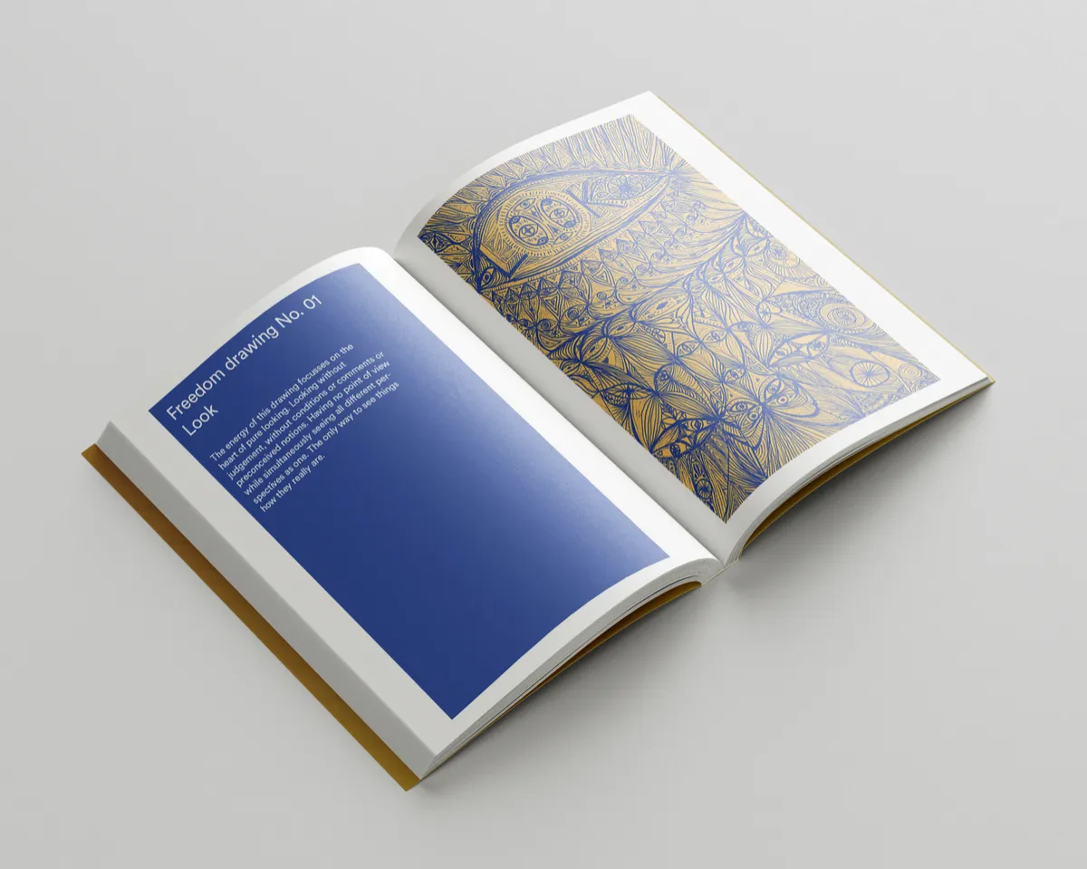Inside spread of Freedom Drawings, chapter one "Look", with an original drawing and reflection text