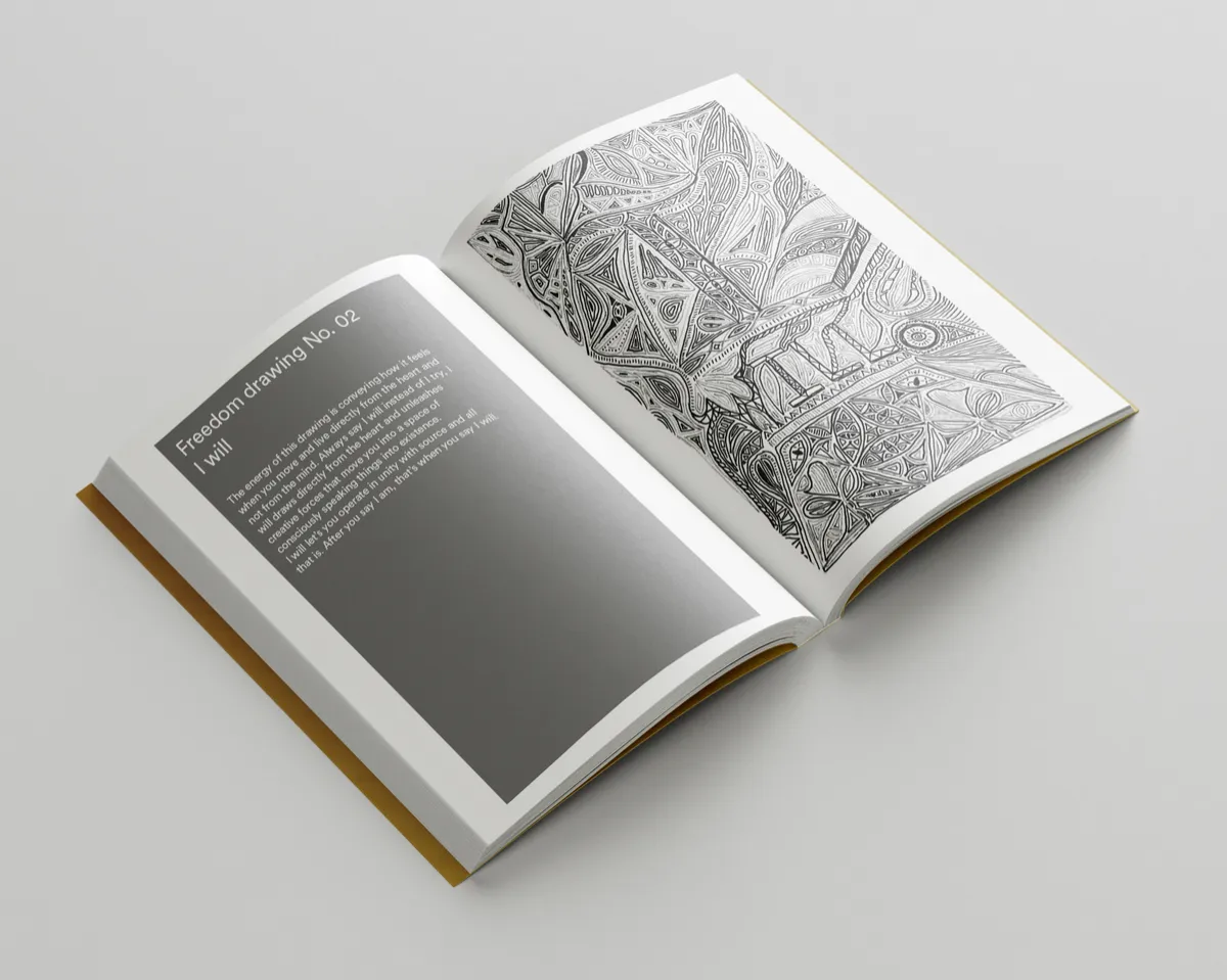 Inside spread of Freedom Drawings, chapter two "I will", with an original drawing and reflection text
